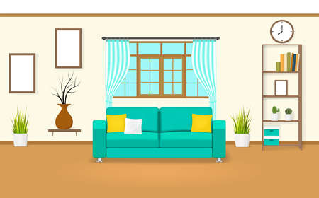 Living room with windows, curtains, sofa, pillows, picture frame, shelf, cactus, books and a vase with dry twigs. Flat style. Interior design vector illustration.の写真素材