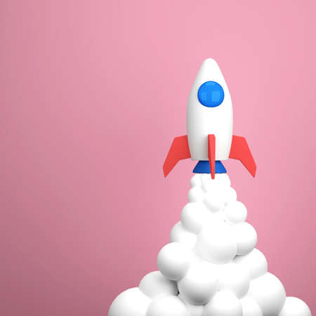 Spaceship 3D render on pink background. Rocket upswing on space minimal style. Business concept.の写真素材