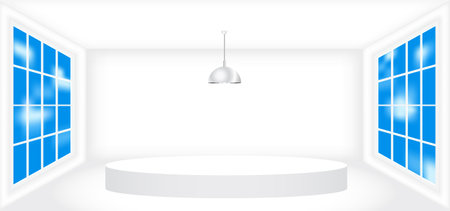 Empty white room with white circle stage, window with blue sky view and ceiling lights vector illustration. Abstract 3d interior template design for background. Podium for product display.のイラスト素材