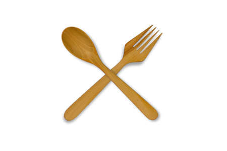 Top view of wooden spoon and fork isolated on white backgroundの写真素材