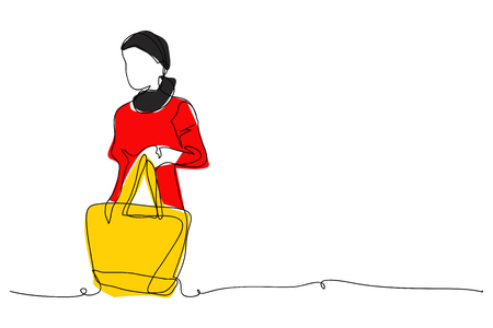 Continuous line drawing of a woman Shopping vector illustration.のイラスト素材