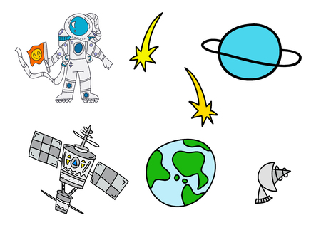 Set with astronomical  spaceships stations and planets decorative flat vector illustrationのイラスト素材