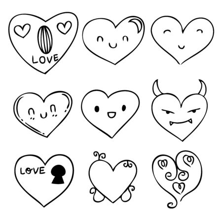 Continuous lines. Funny doodle hearts icons collection. Hand drawn Valentines day, wedding design vector illustration.のイラスト素材