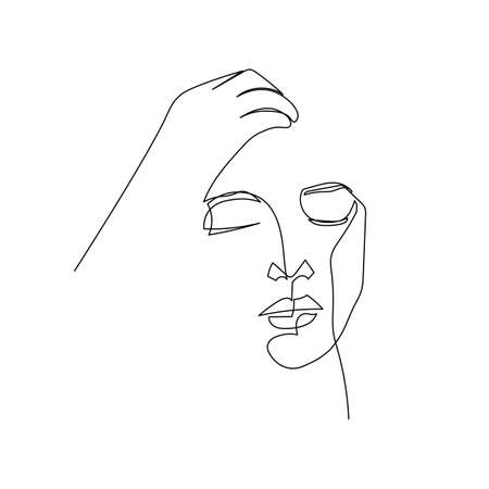 Continuous line, drawing of set faces and hairstyle, fashion concept, woman beauty minimalist,  illustration pretty sexy. for t-shirt, slogan design print graphics styleのイラスト素材