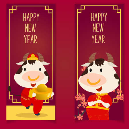 Chinese new year 2021 year of the cow, red and gold line art character, simple hand drawn asian elements with craft style on background. (Chinese translation: Happy chinese new year 2021, year of cow)のイラスト素材