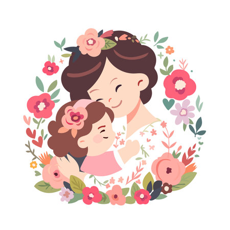 Mother's Day. Mother hugs daughter. Flower card. Give to mother. flowers and leaves fruit retro decorative hand drawn illustrationのイラスト素材