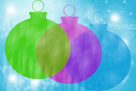 Christmas balls on blue with white snow and starsの写真素材
