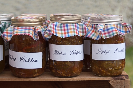 Jars filled with what is called wicked pickle relishの写真素材