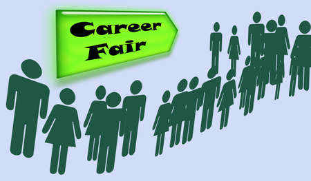 Signs advertising career fair and people waiting in line to sign upの写真素材
