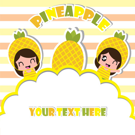Summer greeting card with cute pineapple girls on frame on striped background vector cartoon for summer postcard and invitation card.のイラスト素材
