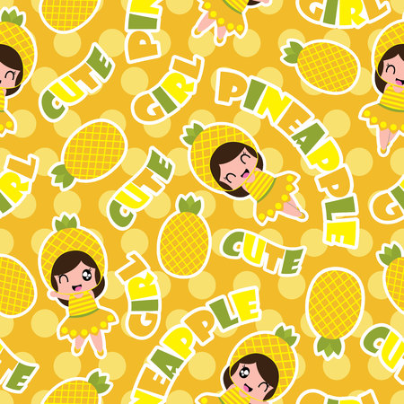 Summer seamless pattern with cute pineapple girls on orange polka dot background vector cartoon for summer wallpaper and scrap paper.のイラスト素材