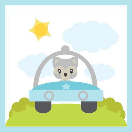 Cute baby raccoon drives a car vector cartoon illustration for baby shower card design, postcard, and wallpaper.のイラスト素材
