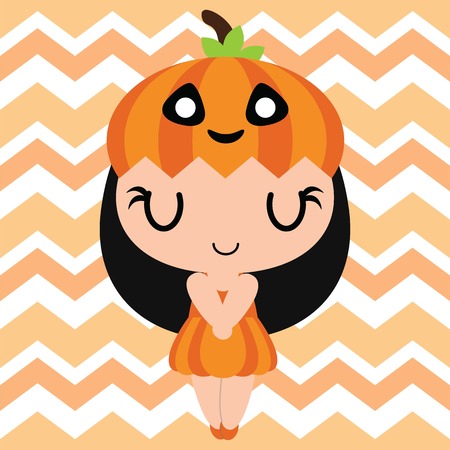 Cute pumpkin girl sleeps on chevron background vector cartoon illustration for halloween card design, wallpaper and kid t-shirt designのイラスト素材