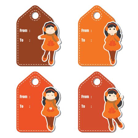 Cute girls on Autumn clothes vector cartoon illustration for Autumn season gift tag design, label tag and sticker set designのイラスト素材