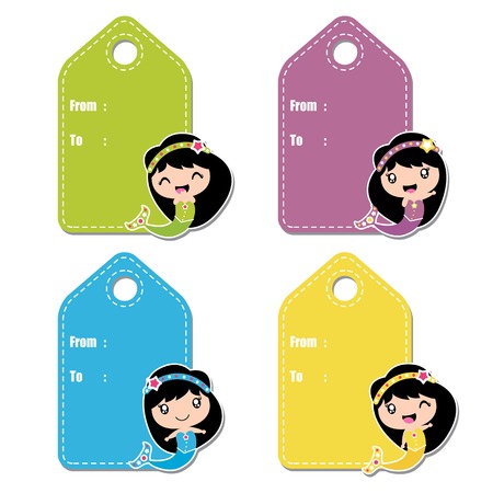 Cute mermaid girl vector cartoon illustration for birthday gift tag design, label tag and sticker set designのイラスト素材