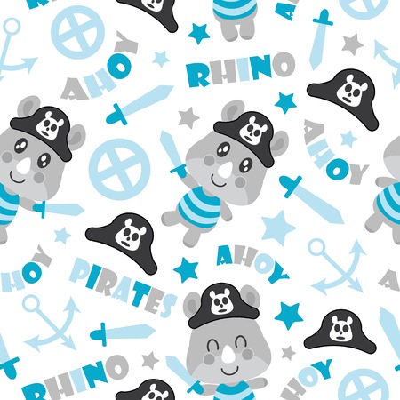 Seamless pattern of cute rhino pirate boys, swords, and anchors vector cartoon illustration for baby shower wrapping paper, fabric clothes, and wallpaperのイラスト素材