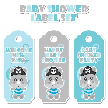 Cute rhino boy on pirates toys background vector cartoon illustration for baby shower label set design, banner set and postcard designのイラスト素材