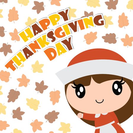Cute pilgrim girl smiles on maple leaves background vector cartoon illustration for happy thanksgiving's day card design, wallpaper and kid t-shirt designのイラスト素材