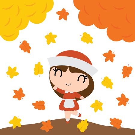 Cute pilgrim girl is happy behind maple trees vector cartoon illustration for happy thanksgiving's day card design, wallpaper and kid t-shirt designのイラスト素材