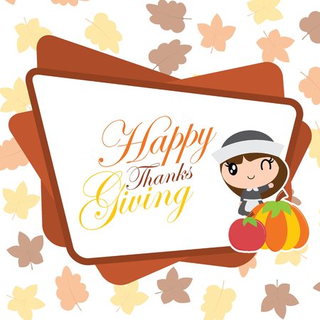 Cute pilgrim girl and pumpkin frame on maple leaves background vector cartoon illustration for thanksgiving's day card design, wallpaper and greeting cardのイラスト素材