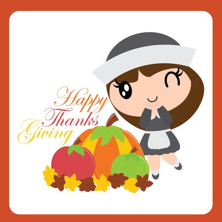 Cute pilgrim girl finds pumkin and apple on maple leaves vector cartoon illustration for thanksgiving's day card design, wallpaper and greeting cardのイラスト素材