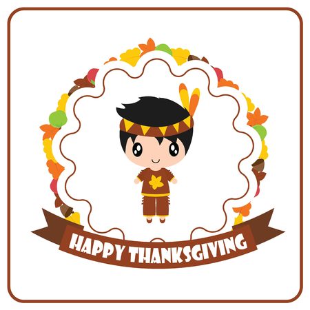 Cute Indian boy in maple leaves wreath vector cartoon illustration for thanksgiving's day card design, wallpaper and greeting cardのイラスト素材