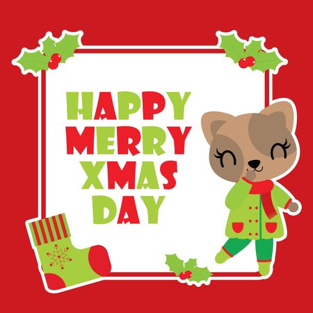 Cute cat girl and red berry frame vector cartoon illustration for Christmas card design, wallpaper and greeting cardのイラスト素材
