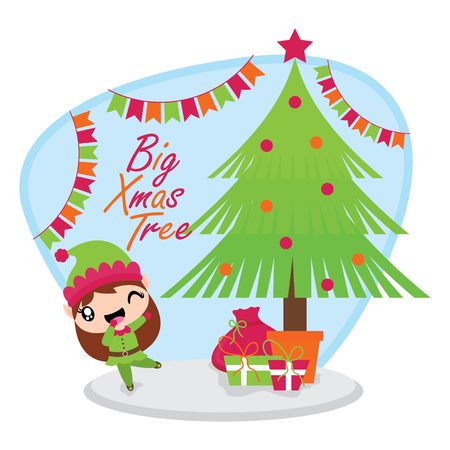 Cute elf girl finds in front of christmas tree.のイラスト素材