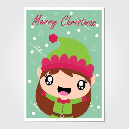 Cute elf girl is happy under snowfall vector cartoon illustration for Christmas card design, wallpaper and greeting cardのイラスト素材