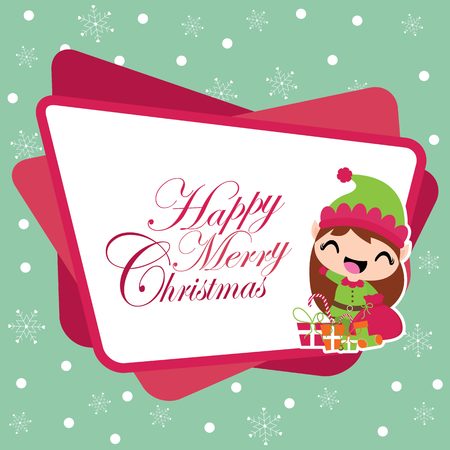Cute elf girl with Xmas gift bag on snowflakes background vector cartoon illustration for Christmas card design, wallpaper and greeting cardのイラスト素材