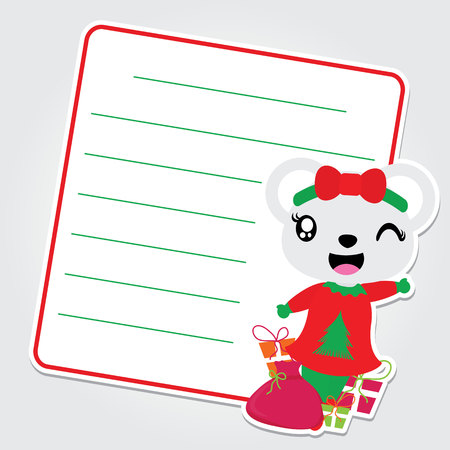 Cute bear girl is happy on Xmas gift bag vector cartoon illustration for Christmas card design, wallpaper and greeting cardのイラスト素材