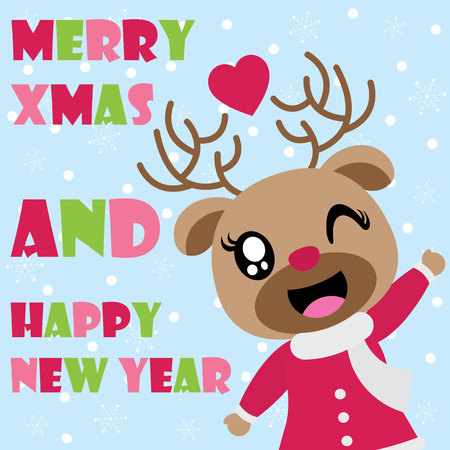 Cute reindeer girl is happy Christmas and new year vector cartoon illustration for Christmas card design.のイラスト素材