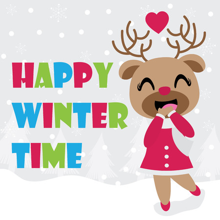 Cute reindeer girl with text happy winter time card design.のイラスト素材