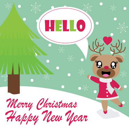 Cute reindeer girl says hello Christmas card design.のイラスト素材