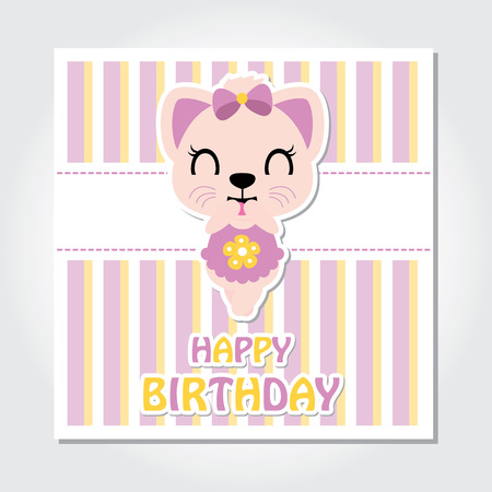 Cute kitten is happy on striped background vector cartoon illustration for birthday invitation card, postcard, and wallpaperのイラスト素材