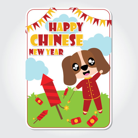 Cute puppy boy plays firecrackers on the garden vector cartoon illustration for Chinese New Year card design, postcard, and wallpaperのイラスト素材