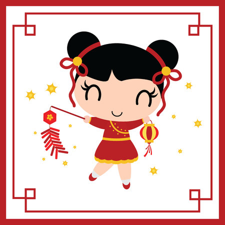 Cute Chinese girl vector cartoon illustrationのイラスト素材