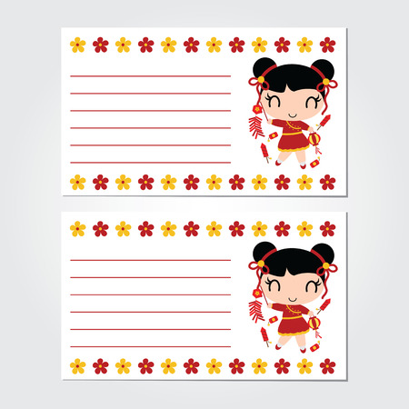 Cute Chinese girl plays firecrackers with flowers border.のイラスト素材
