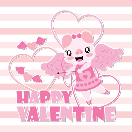 Cute pig as cupid with arrow vector cartoon illustration for Happy Valentine card design, postcard, and wallpaperのイラスト素材