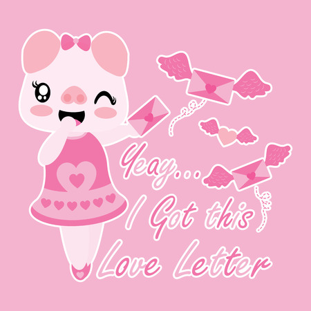 Cute pig gets love letter with wings vector cartoon illustration for Happy Valentine card design, postcard, and wallpaperのイラスト素材