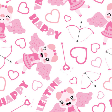 Seamless pattern of cute pig as cupid and Valentine elements vector cartoon illustration for Valentine wrapping paper, kid fabric clothes, and wallpaperのイラスト素材