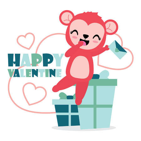 Cute monkey girl is happy get love letter and gift vector cartoon illustration for Happy Valentine card design, postcard, and wallpaperのイラスト素材