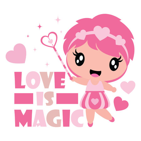 Cute girl with her magic wand vector cartoon illustration for Happy Valentine card design, postcard, and wallpaperのイラスト素材