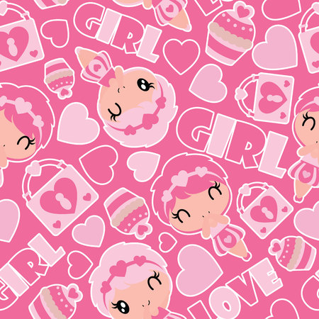 Seamless pattern of cute girl, cupcake, and padlock on pink background vector cartoon illustration for Valentine wrapping paper, kid fabric clothes, and wallpaperのイラスト素材