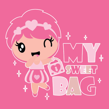 Cute girl brings sweet bag vector cartoon illustration for Kid t-shirt background design, Valentine card, and wallpaperのイラスト素材