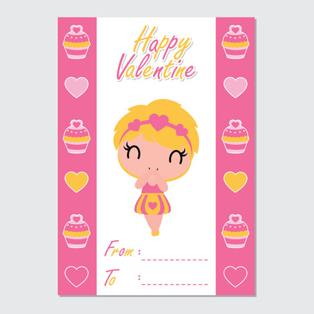 Cute girl on cupcake border vector cartoon illustration for Happy Valentine card design, postcard, and wallpaperのイラスト素材