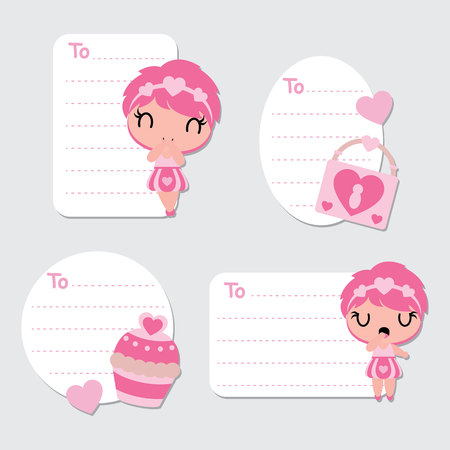 Cute girls, heart padlock, and cupcake vector cartoon illustration for Valentine gift tags design, postcard and sticker setのイラスト素材