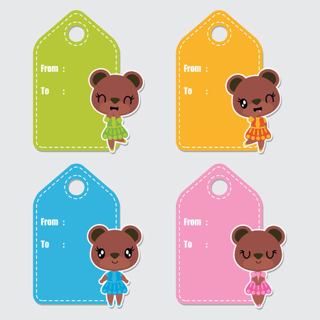 Cute colorful bear girls vector cartoon illustration for Birthday gift tags design, postcard and sticker set.のイラスト素材