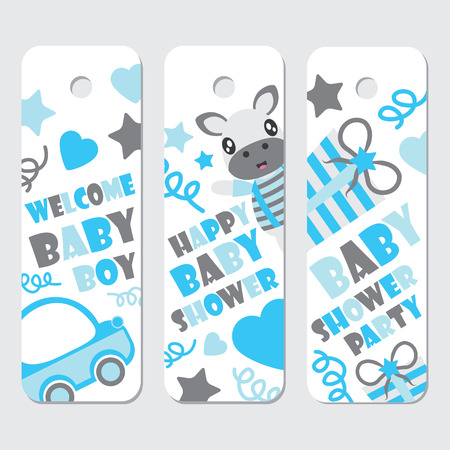 Cute zebra boys, and toys vector cartoon illustration for baby shower label tags design, postcard and sticker setのイラスト素材