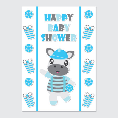 Cute zebra boy on gift border vector cartoon illustration for baby shower card design, postcard, and wallpaperのイラスト素材